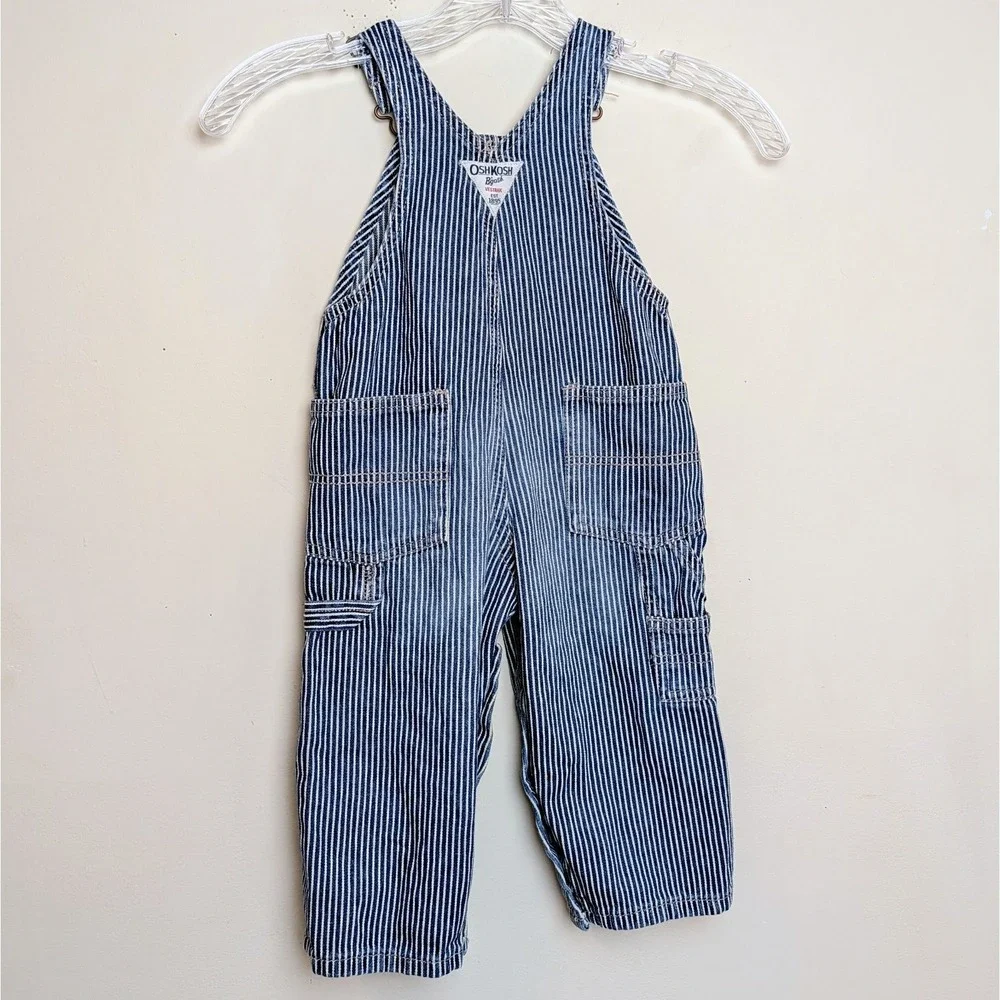 OshKosh B'Gosh‎ Hickory Striped Train Conductor Vestbak Denim Overalls 18 Months